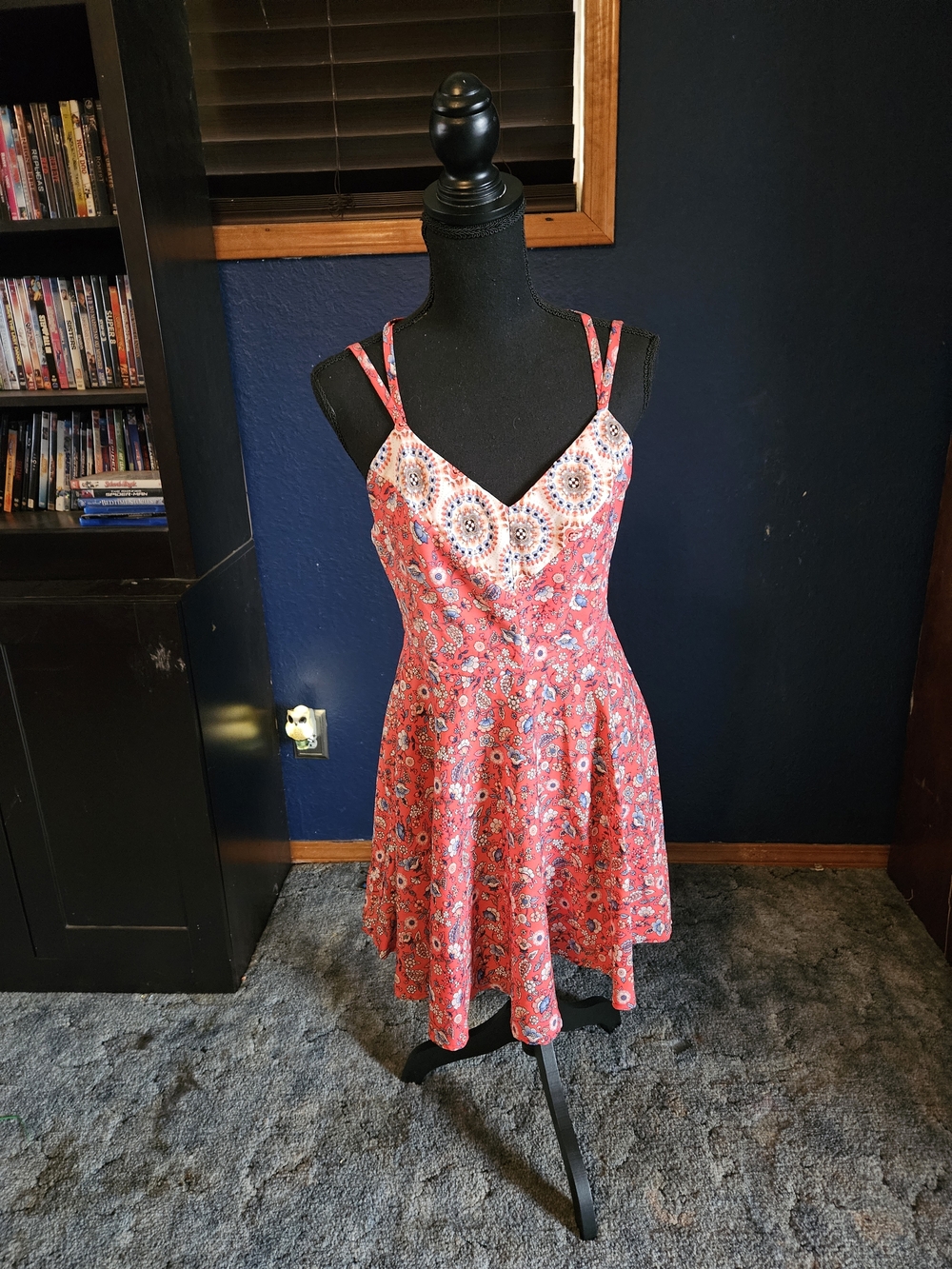 Estam Floral Print Red Mini Dress with Spaghetti Straps womens size medium